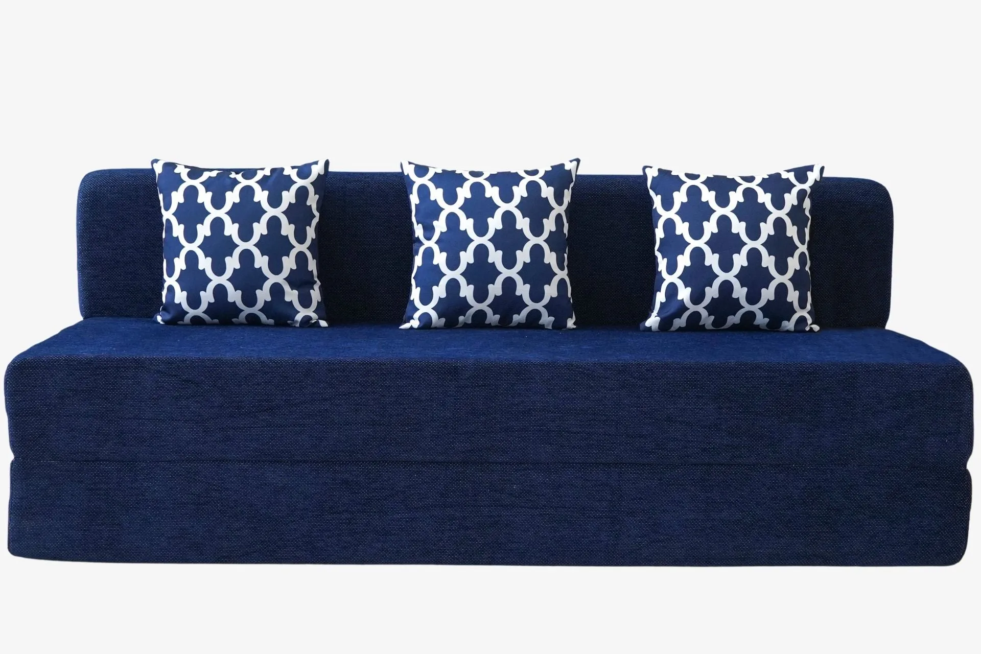 Chenille Jumbo Sofa Bed, Dotted Blue | 6.5 x 6.5, Three Seater | 3 Semicircle Cushions