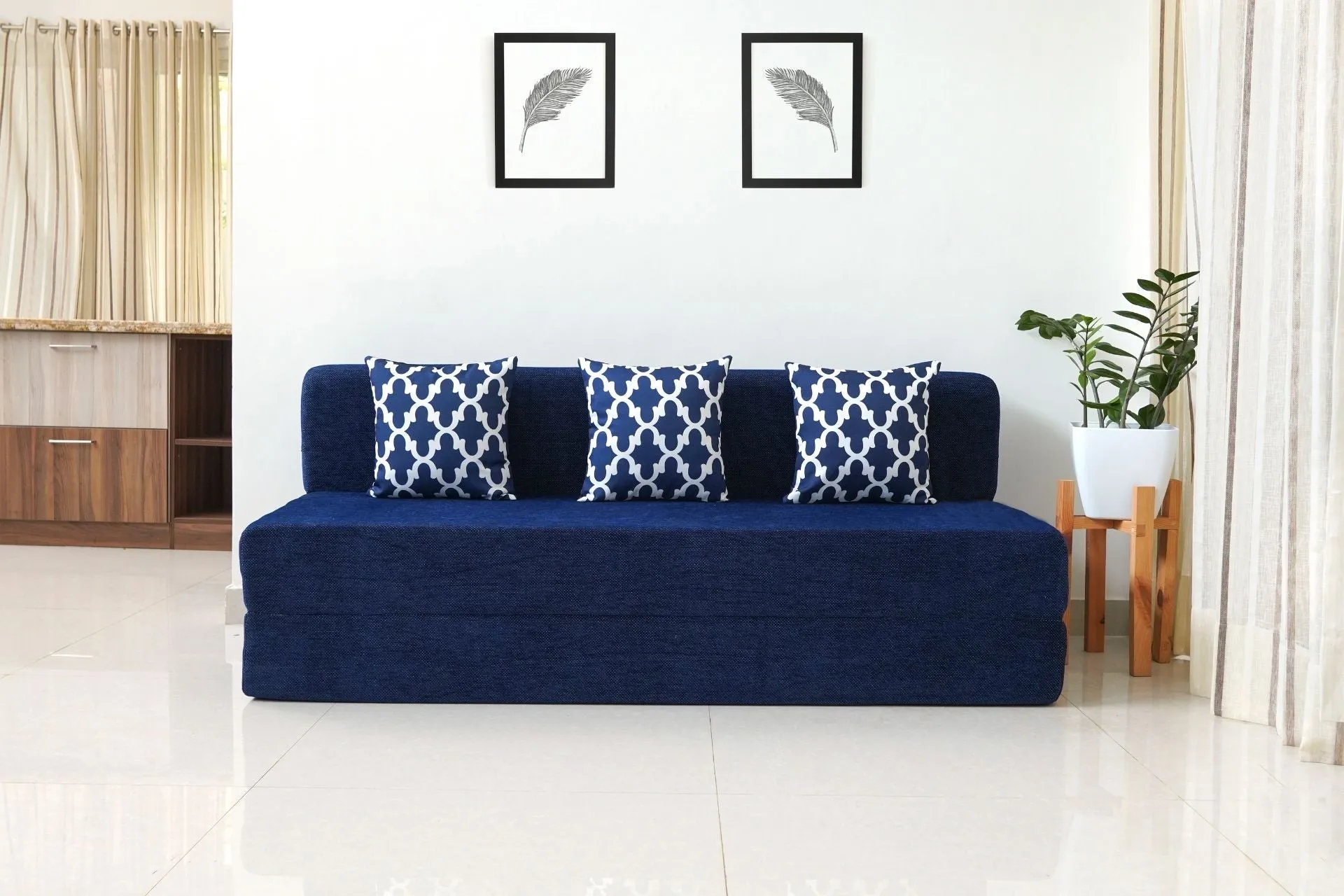 Chenille Jumbo Sofa Bed, Dotted Blue | 6.5 x 6.5, Three Seater | 3 Semicircle Cushions
