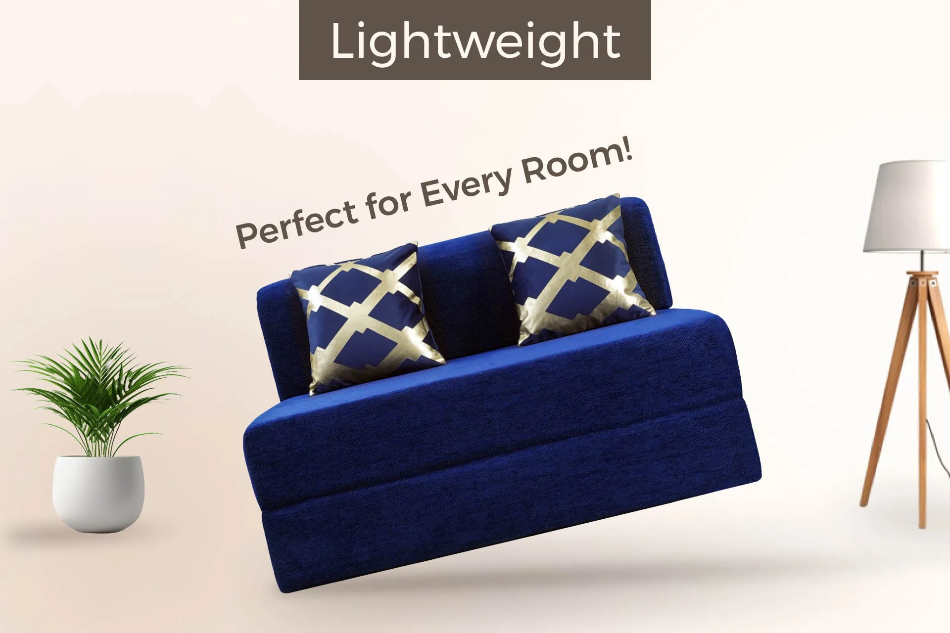 Chenille Sofa Bed, Dotted Blue | 4 x 6, Double Seater | 2 Golden Edge Cushions