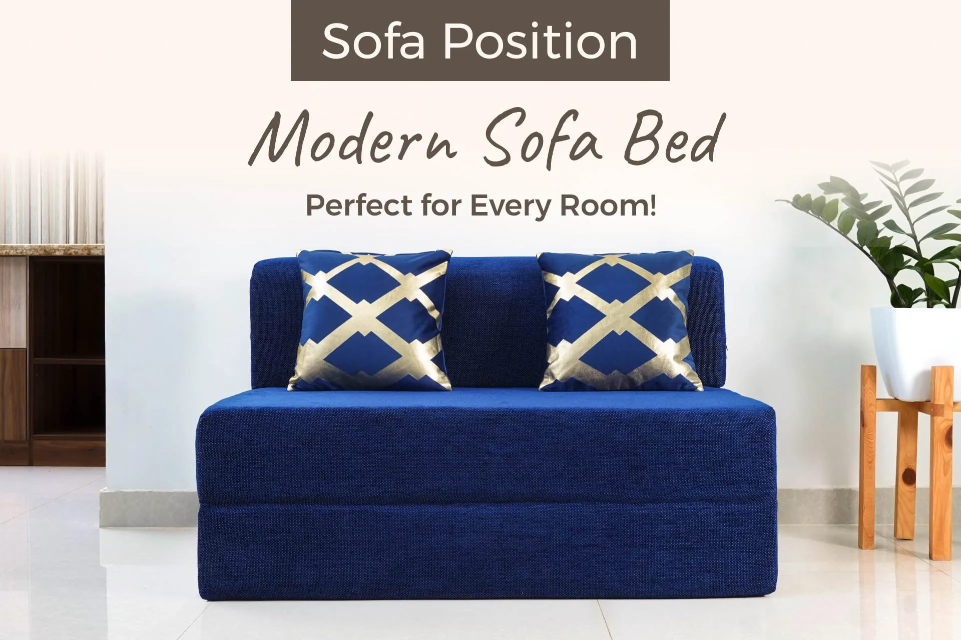 Chenille Sofa Bed, Dotted Blue | 4 x 6, Double Seater | 2 Golden Edge Cushions