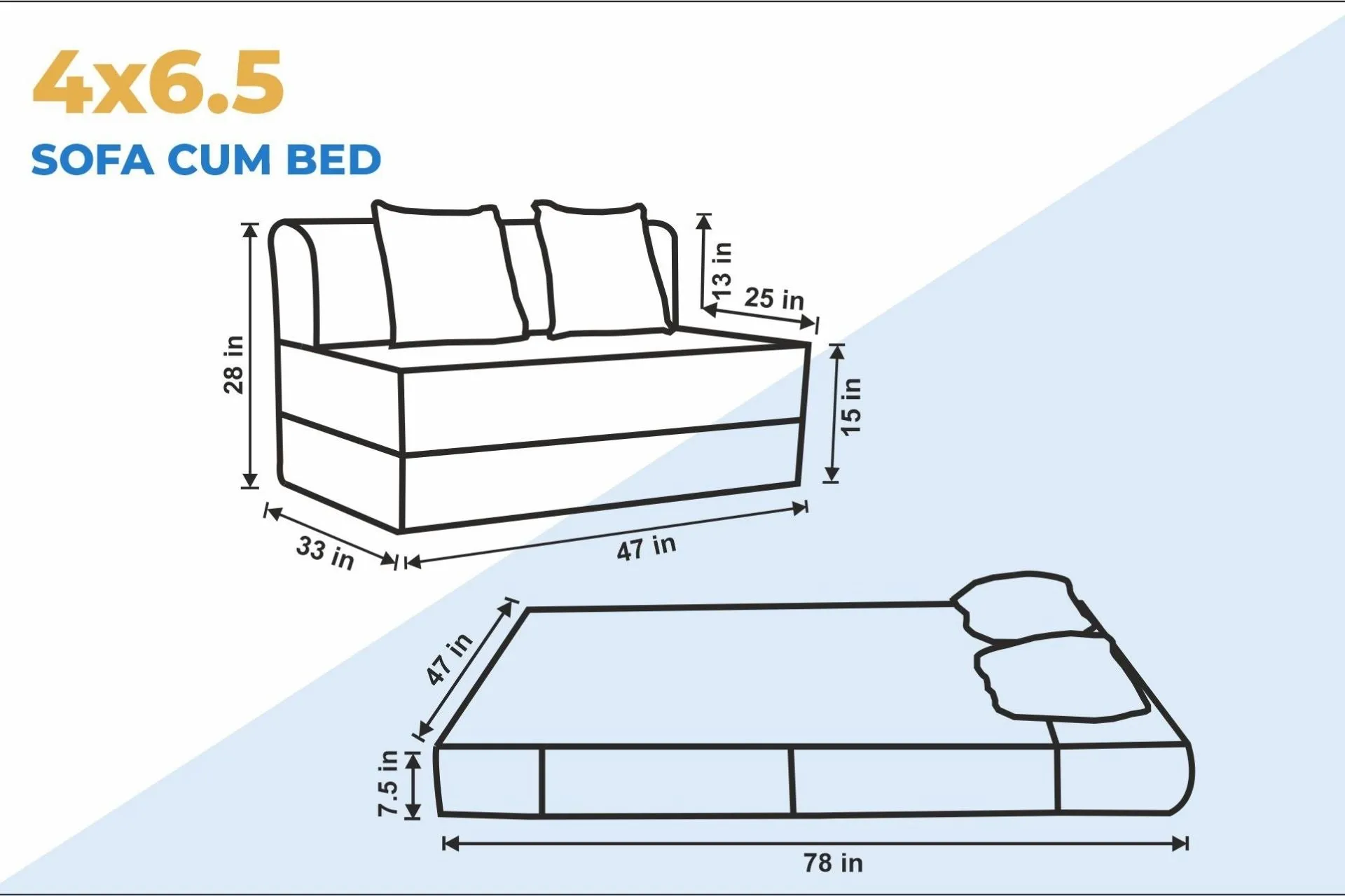 Chenille Sofa Bed, Dotted Blue | 4 x 6.5, Double Seater | 2 Arrow Cushions