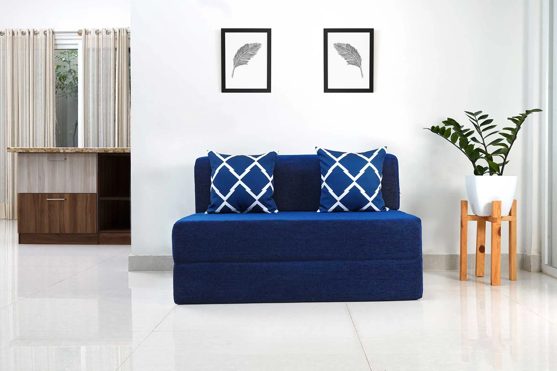Chenille Sofa Bed, Dotted Blue | 4 x 6.5, Double Seater | 2 Arrow Cushions