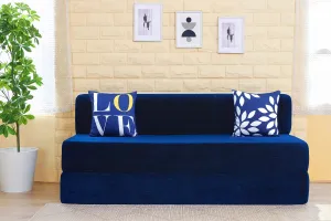 Chenille Sofa Bed, Dotted Blue | 6 x 6, Three Seater | 2 Love Leaf Cushions