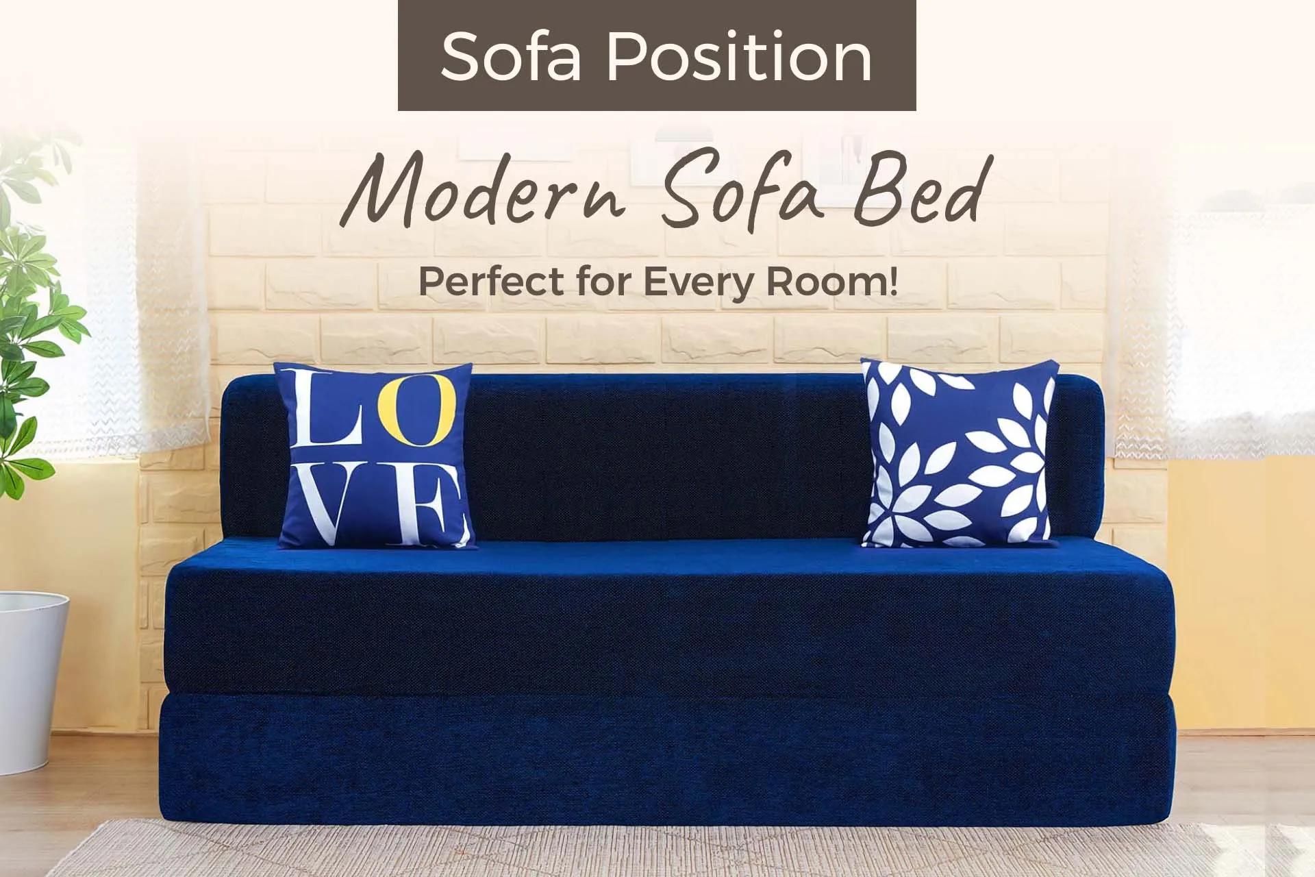 Chenille Sofa Bed, Dotted Blue | 6 x 6, Three Seater | 2 Love Leaf Cushions