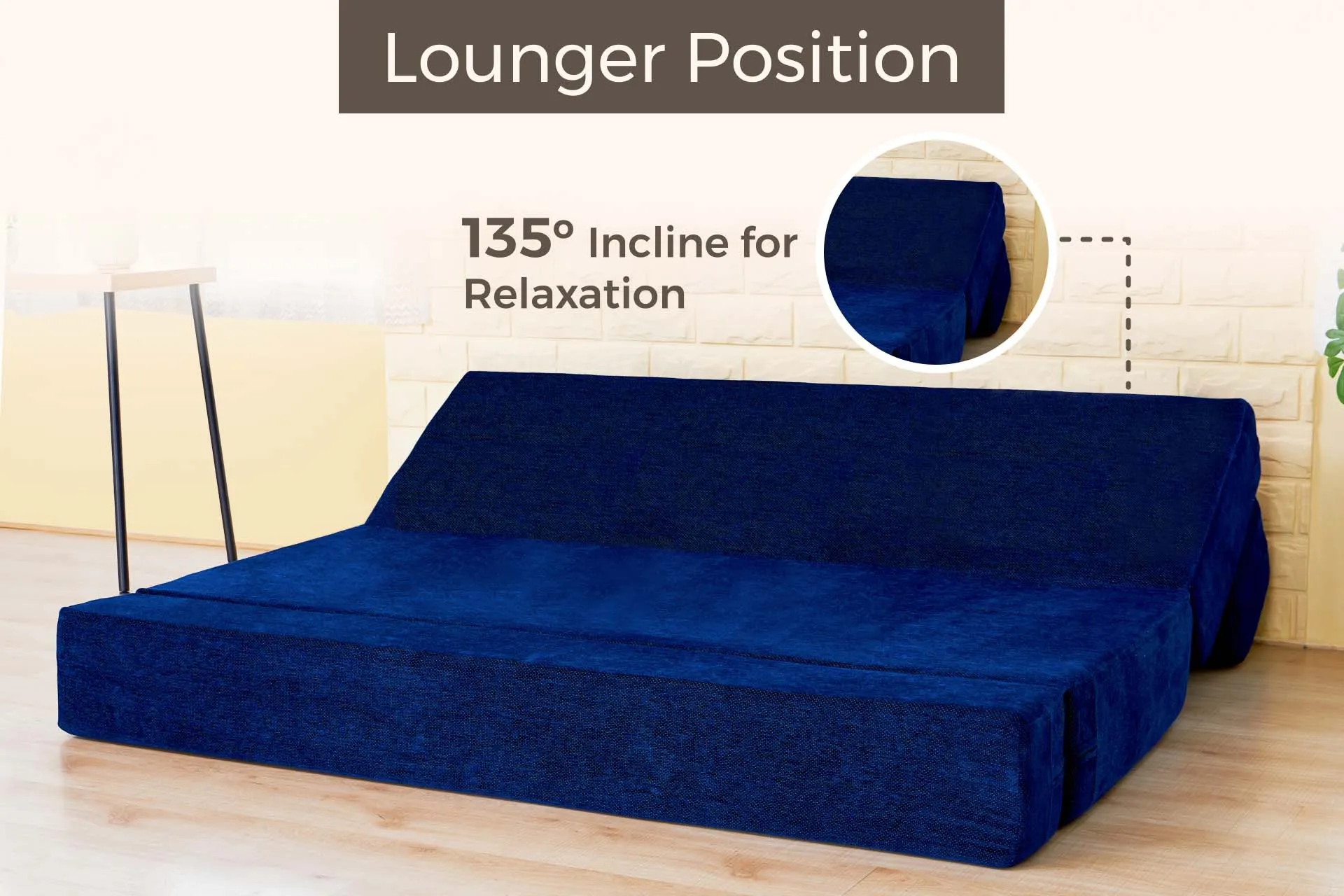 Chenille Sofa Bed, Dotted Blue | 6 x 6, Three Seater | 2 Love Leaf Cushions