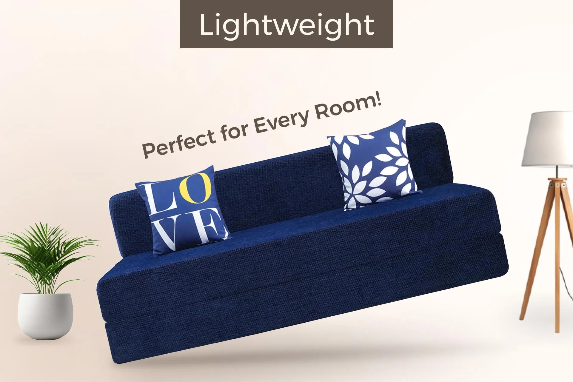 Chenille Sofa Bed, Dotted Blue | 6 x 6, Three Seater | 2 Love Leaf Cushions