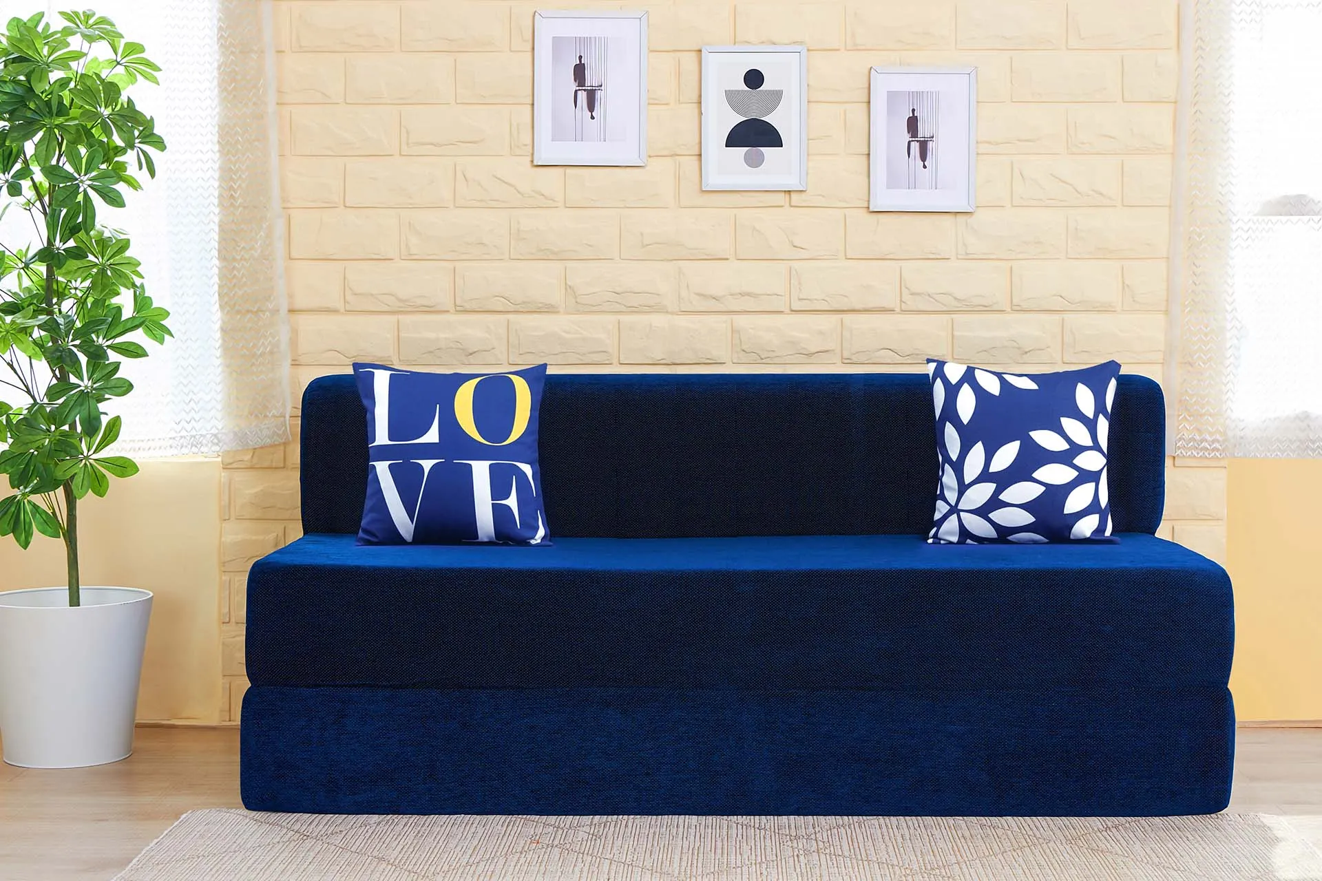 Chenille Sofa Bed, Dotted Blue | 6 x 6, Three Seater | 2 Love Leaf Cushions