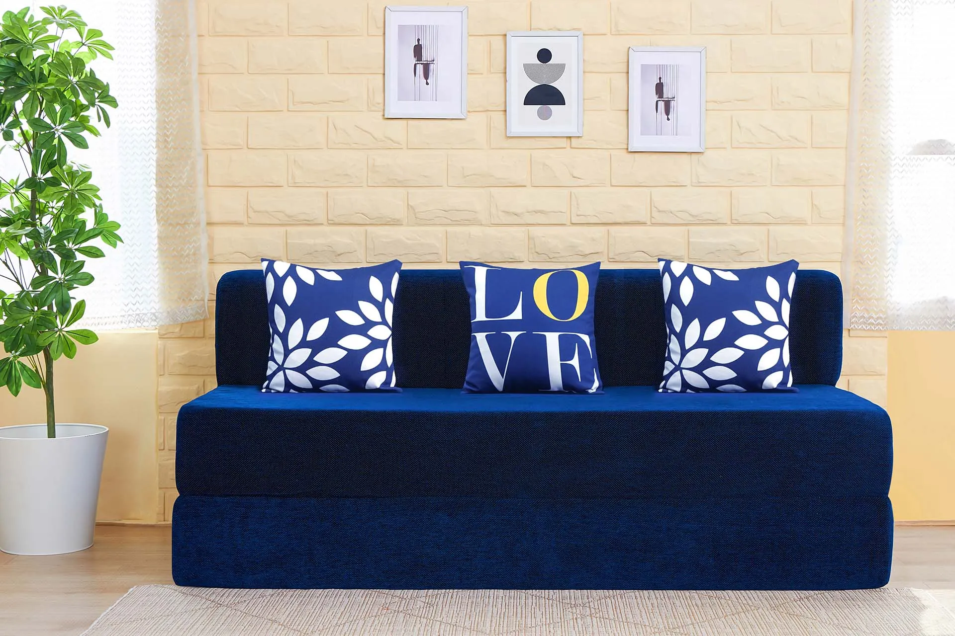 Chenille Sofa Bed, Dotted Blue | 6 x 6, Three Seater | 3 Love Leaf Cushions