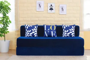 Chenille Sofa Bed, Dotted Blue | 6 x 6, Three Seater | 3 Love Leaf Cushions
