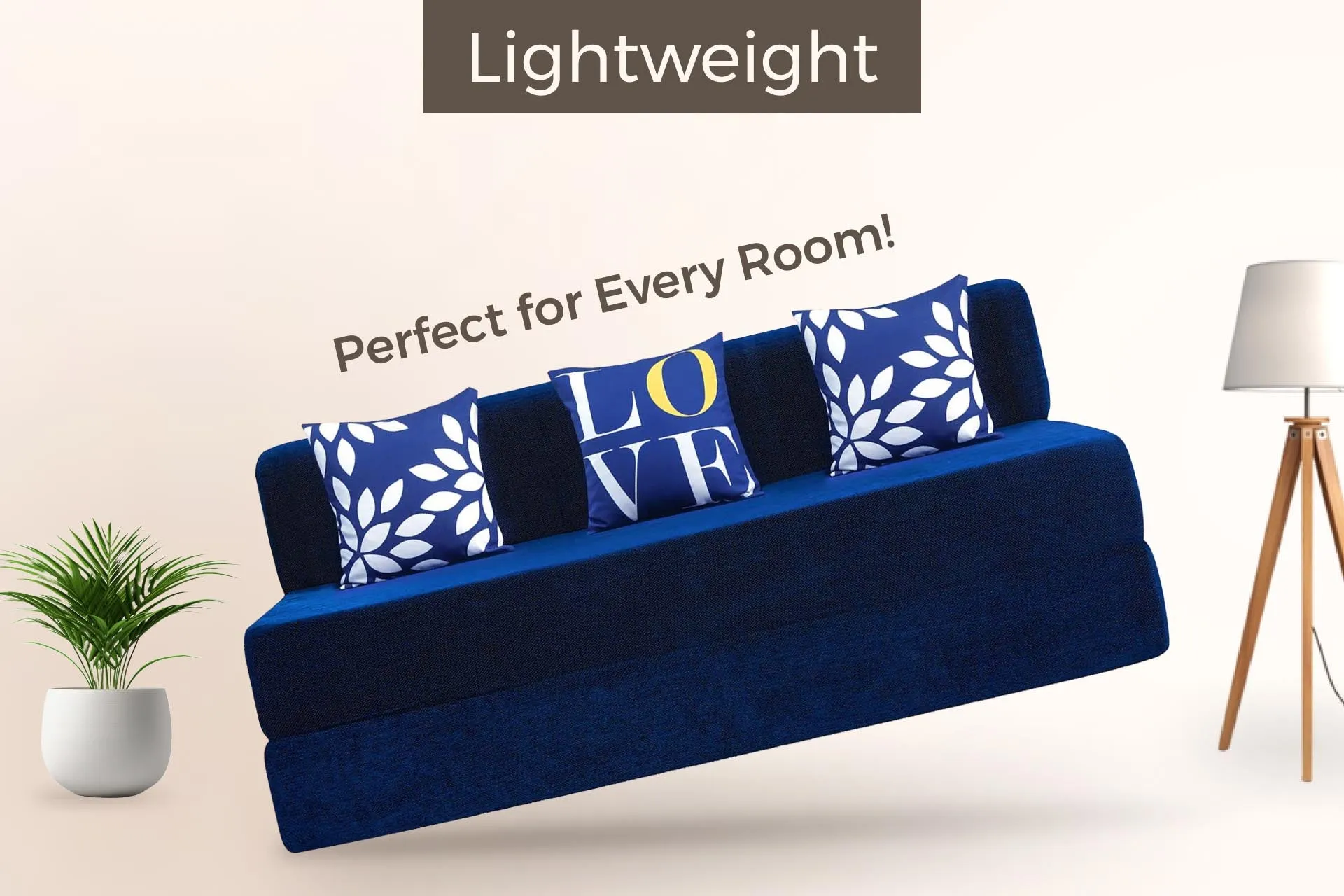 Chenille Sofa Bed, Dotted Blue | 6 x 6, Three Seater | 3 Love Leaf Cushions