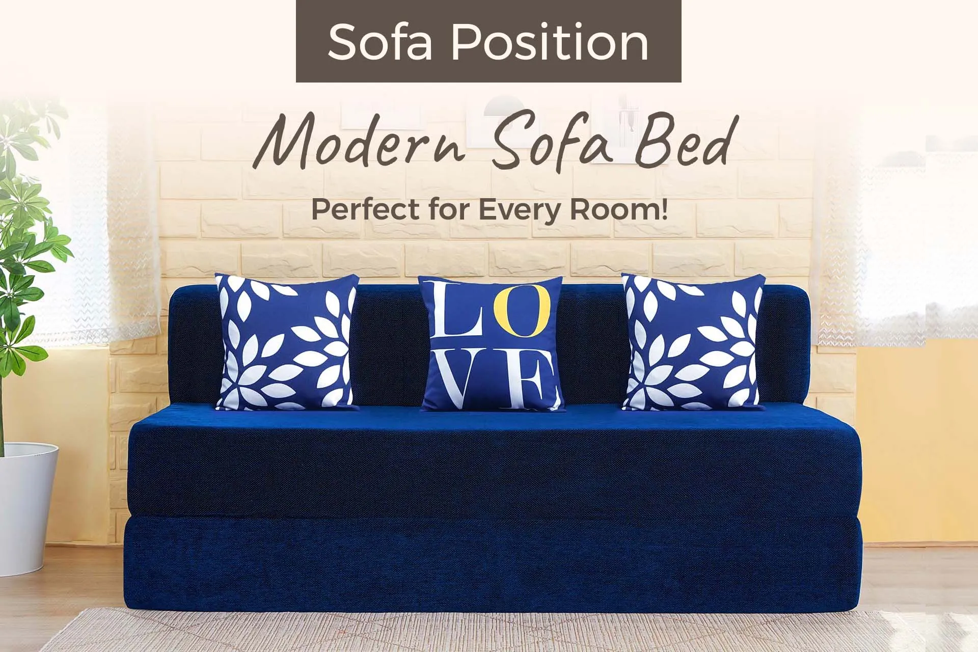 Chenille Sofa Bed, Dotted Blue | 6 x 6, Three Seater | 3 Love Leaf Cushions