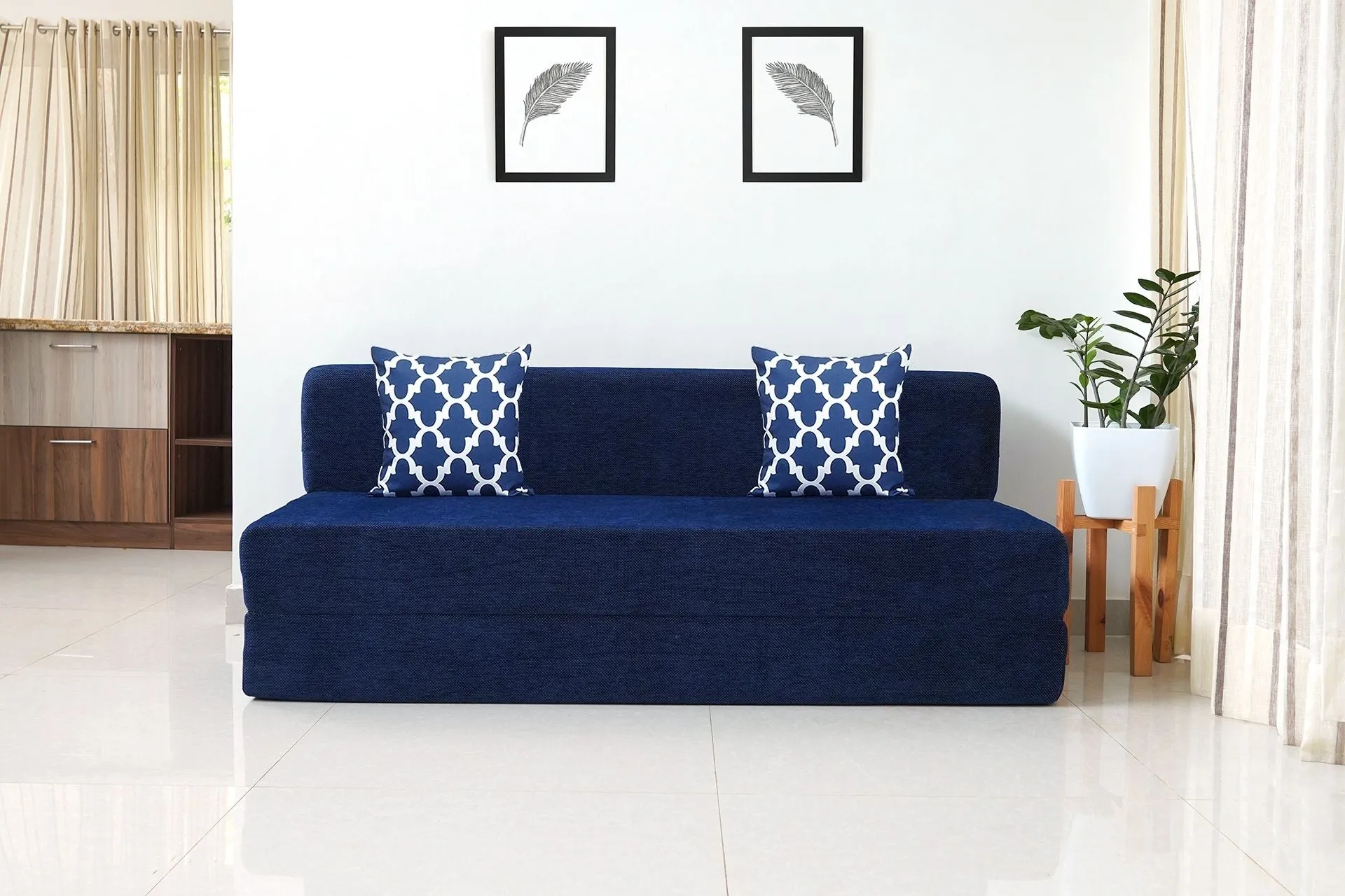 Chenille Sofa Bed, Dotted Blue | 6 x 6.5, Three Seater | 2 Semicircle Cushions