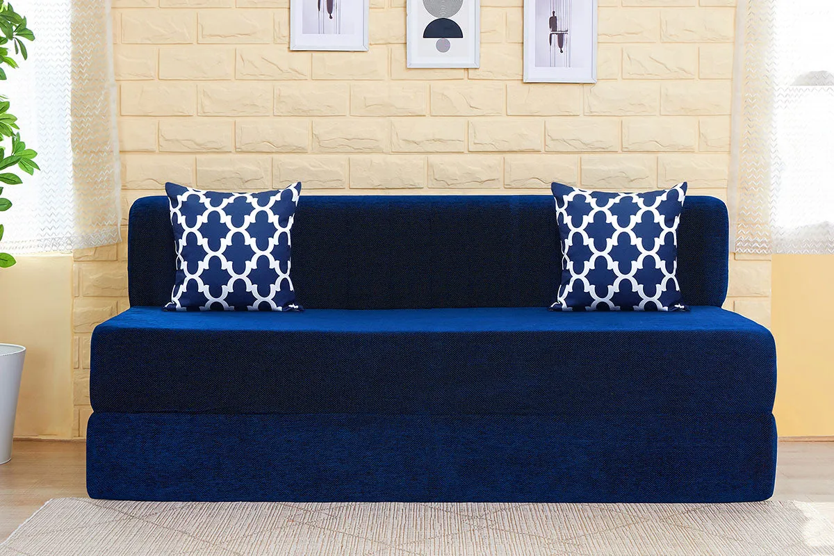 Chenille Sofa Bed, Dotted Blue | 6 x 6.5, Three Seater | 2 Semicircle Cushions