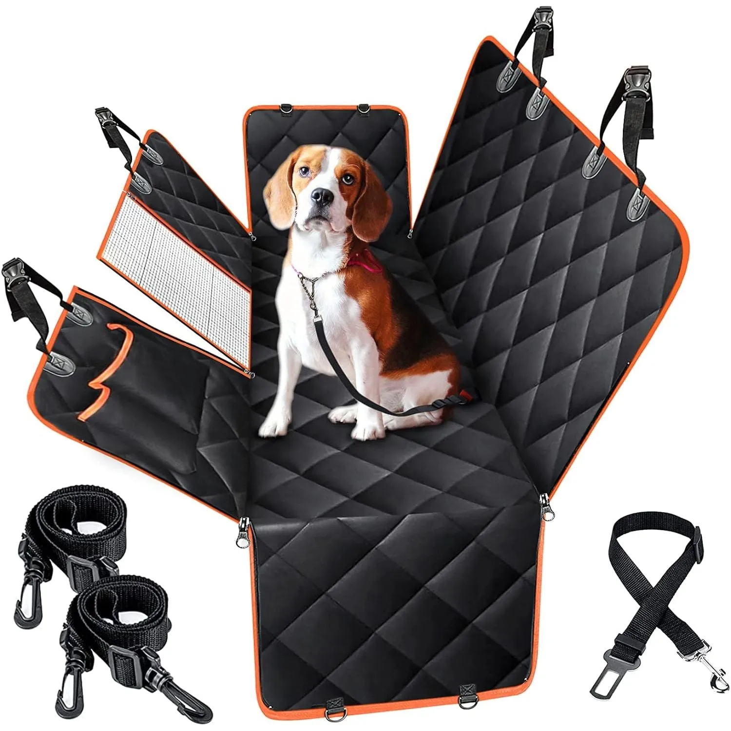 Dog Car Seat Cover,Waterproof Pet Seat Cover with Mesh Visual Window & Seat Belt Opening & Storage Pockets Dog Seat Cover,Wear-Proof Dog Back Seat Hammock for Cars, Trucks and SUV - 147 x 137 cm