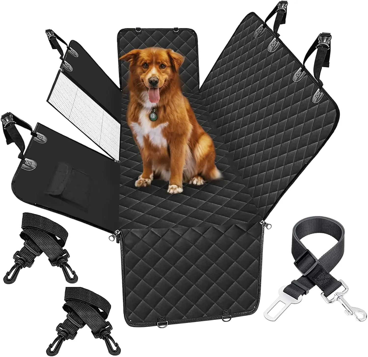Dog Car Seat Cover,Waterproof Pet Seat Cover with Mesh Visual Window & Seat Belt Opening & Storage Pockets Dog Seat Cover,Wear-Proof Dog Back Seat Hammock for Cars, Trucks and SUV - 147 x 137 cm