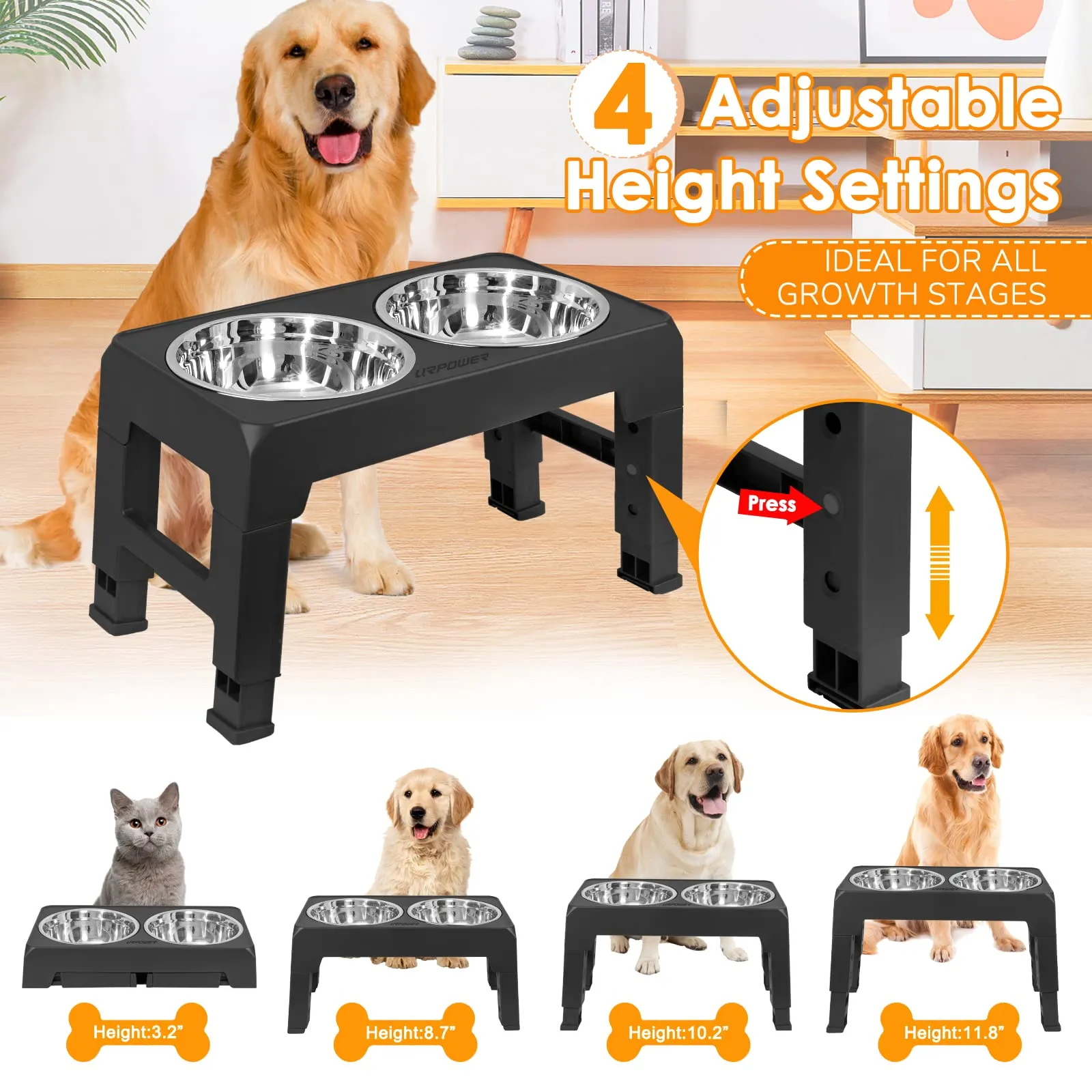 Elevated Dog Bowls 4 Height Adjustable Raised Dog Bowl with 2 Stainless Steel Dog Food Bowls Non-Slip Dog Bowl Stand Adjusts to 3.2”, 8.7”, 10.2”, 11.8” for Small Medium Large Dogs and Pets