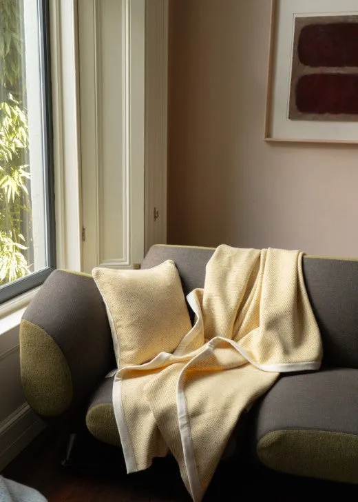 Handwoven Pressed Herringbone Tweed trimmed Blanket in Butter Yellow