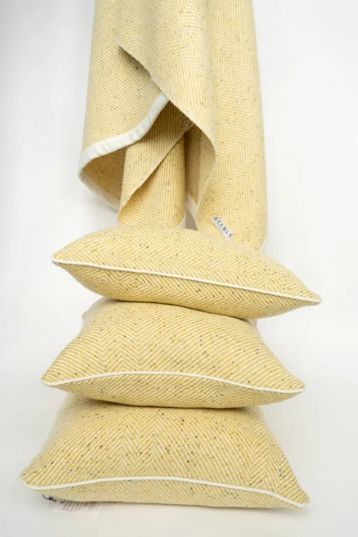 Handwoven Pressed Herringbone Tweed trimmed Blanket in Butter Yellow