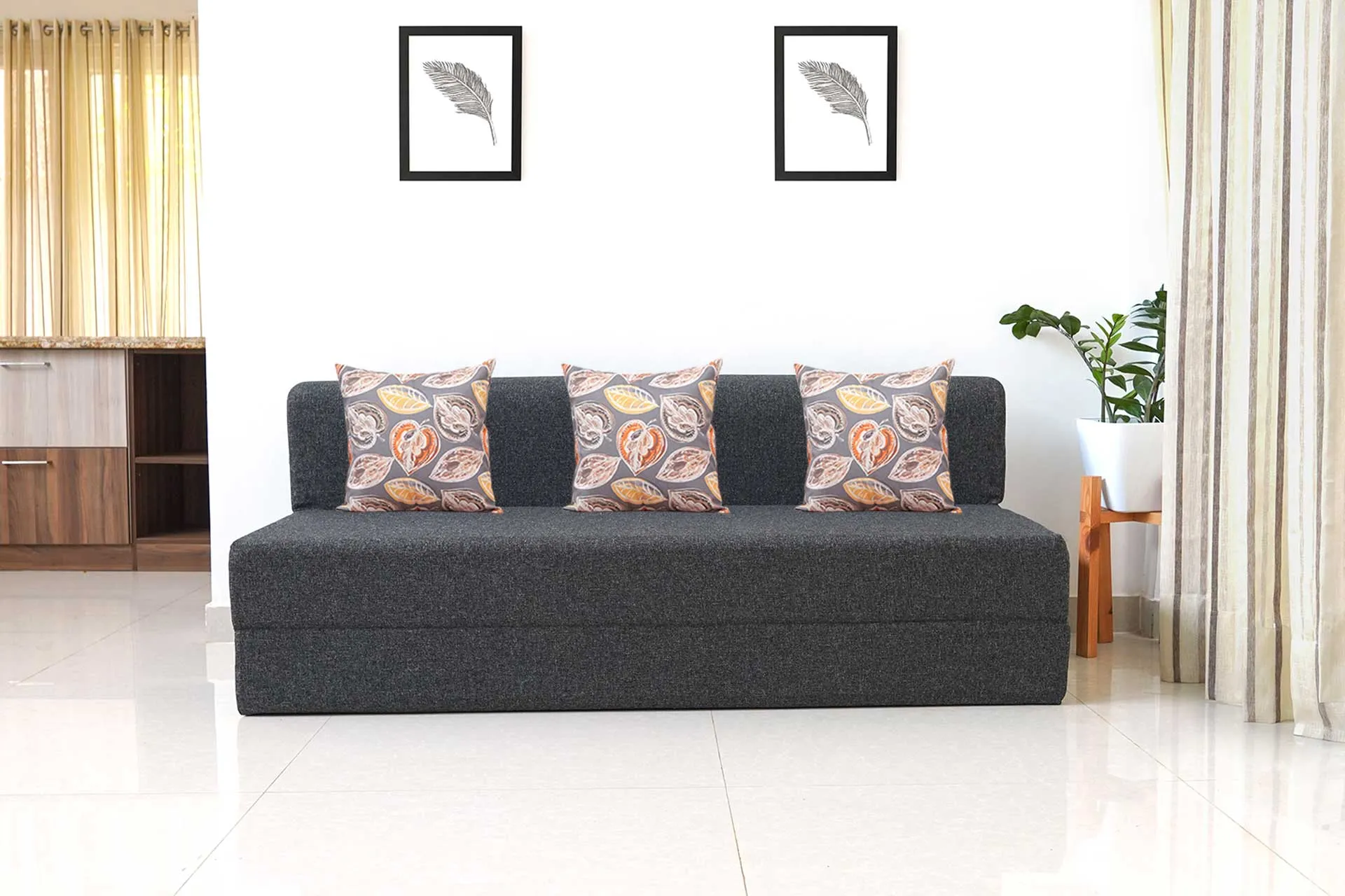 Jute Jumbo Sofa Bed, Dark Grey | 6.5 x 6.5, Three Seater | 3 Fallen Leaves Cushions