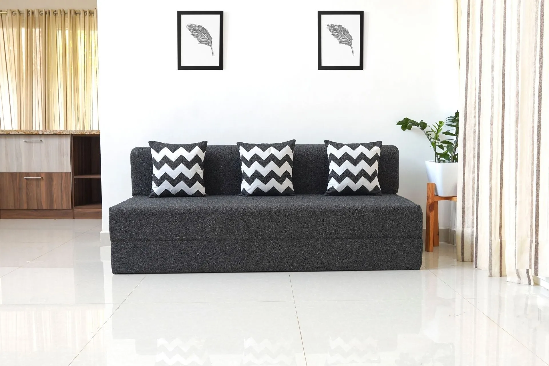 Jute Jumbo Sofa Bed, Dark Grey | 6.5 x 6.5, Three Seater | 3 ZigZag Cushions