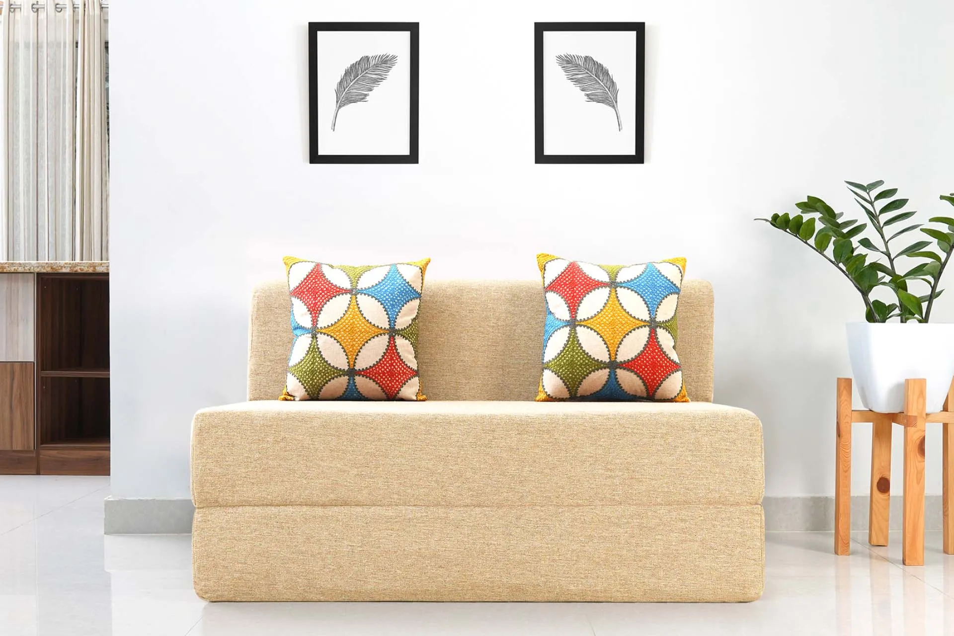 Jute Sofa Bed, Beige | 4 x 6, Double Seater | 2 Jharoka Cushions