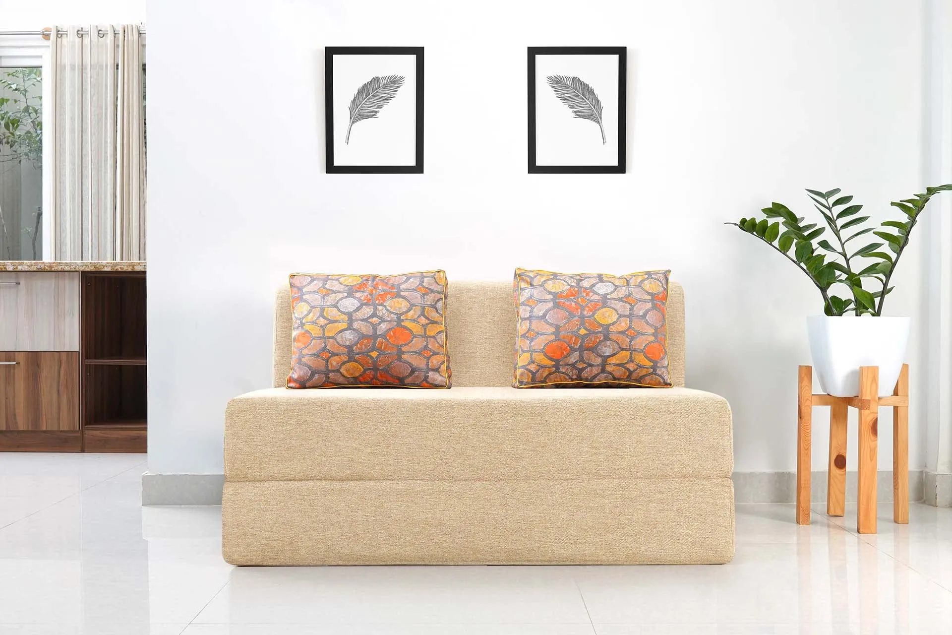 Jute Sofa Bed, Beige | 4 x 6, Double Seater | 2 Riverstone Cushions