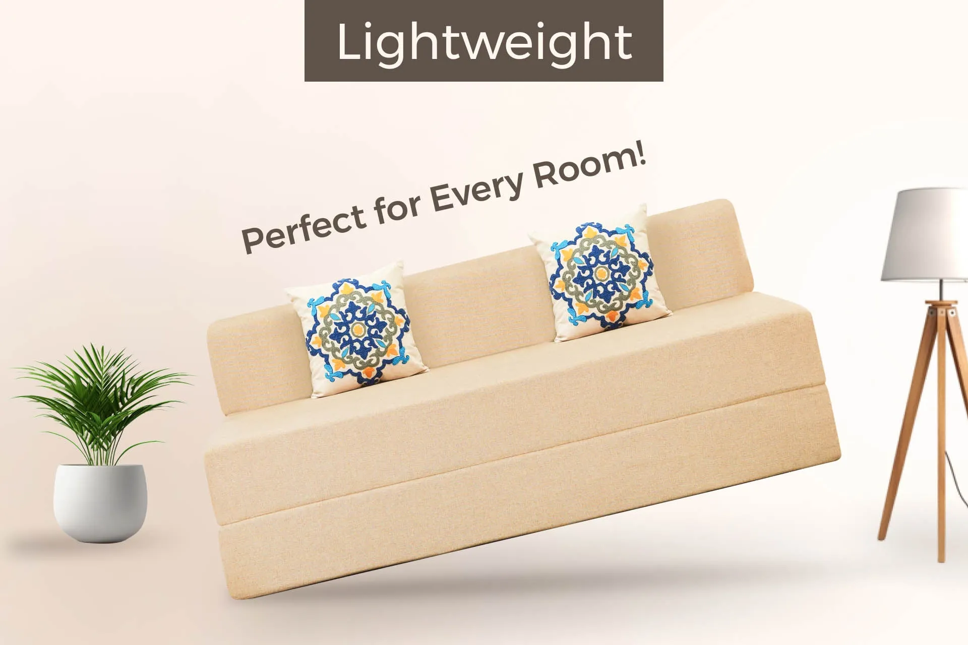 Jute Sofa Bed, Beige | 5 x 6, Three Seater | 2 Blue Medallion Cushions