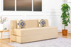 Jute Sofa Bed, Beige | 5 x 6, Three Seater | 2 Blue Medallion Cushions