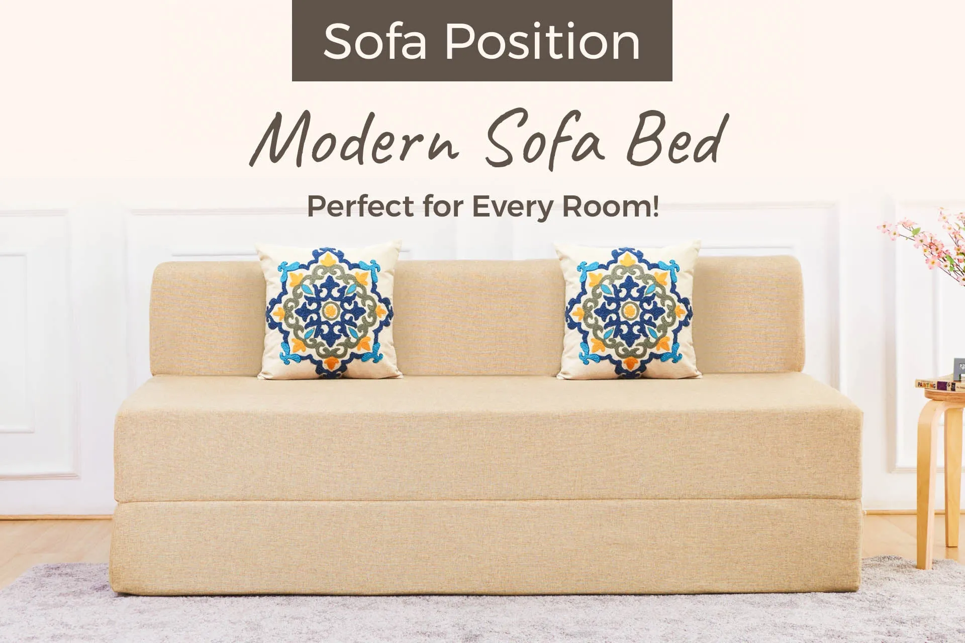 Jute Sofa Bed, Beige | 5 x 6, Three Seater | 2 Blue Medallion Cushions