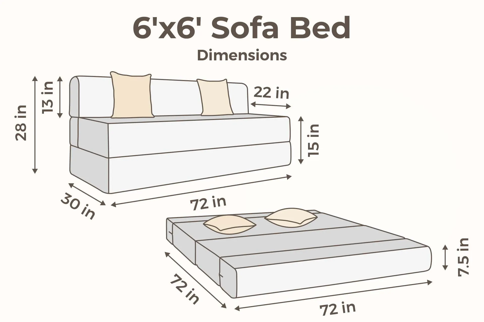 Jute Sofa Bed, Beige | 6 x 6, Three Seater | 3 Beige Zigzag Cushions