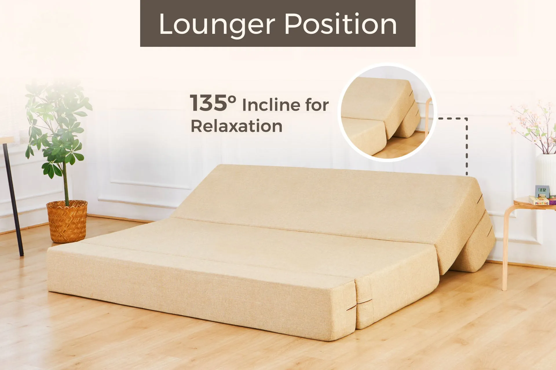 Jute Sofa Bed, Beige | 6 x 6, Three Seater | 3 Beige Zigzag Cushions