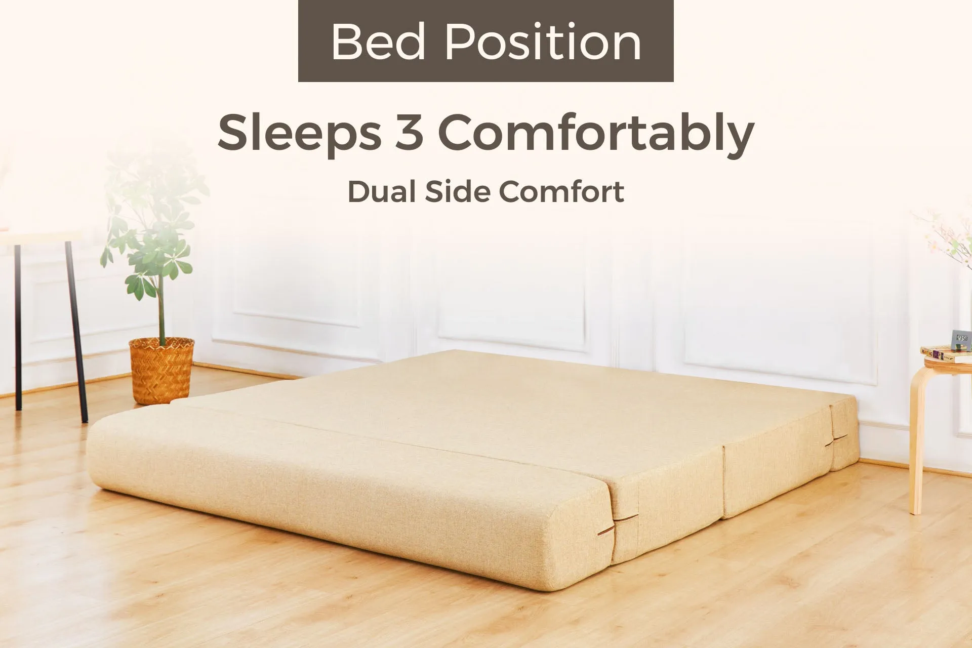 Jute Sofa Bed, Beige | 6 x 6, Three Seater | 3 Beige Zigzag Cushions