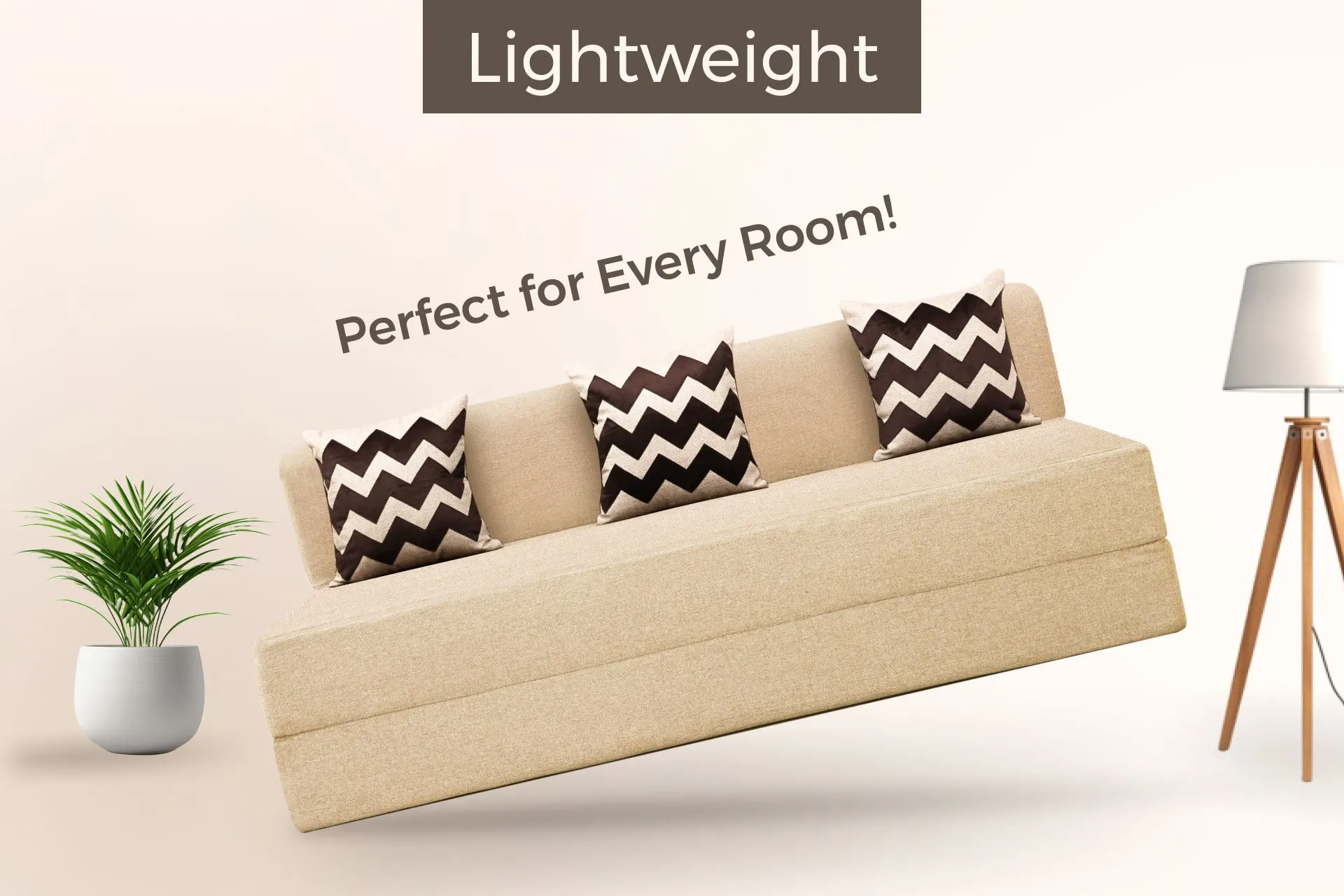 Jute Sofa Bed, Beige | 6 x 6, Three Seater | 3 Beige Zigzag Cushions