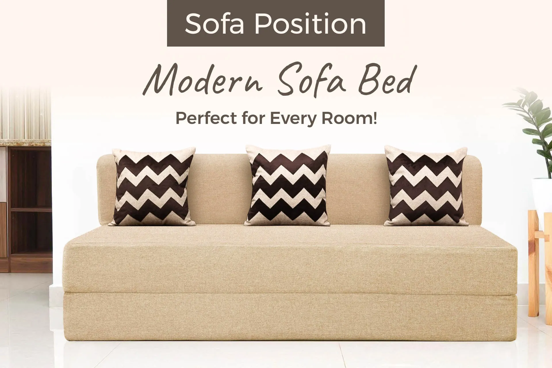 Jute Sofa Bed, Beige | 6 x 6, Three Seater | 3 Beige Zigzag Cushions