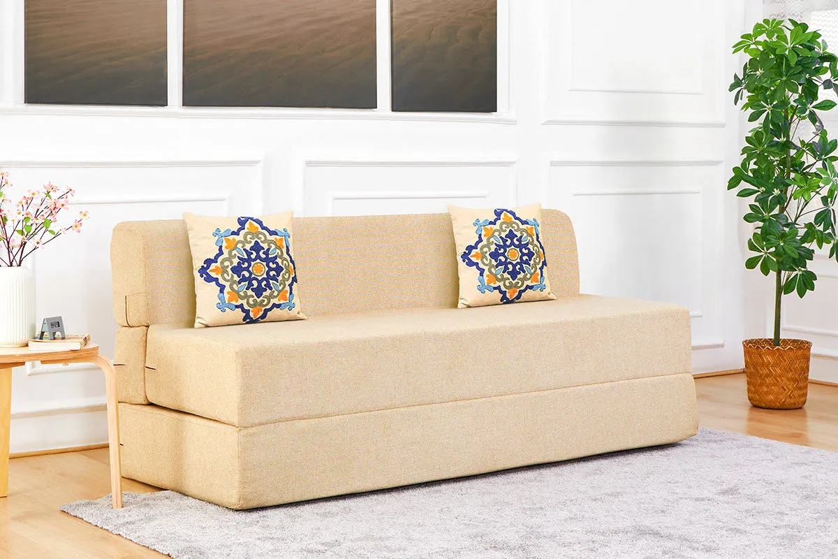 Jute Sofa Bed, Beige | 6 x 6.5, Three Seater | 2 Blue Medallion Cushions