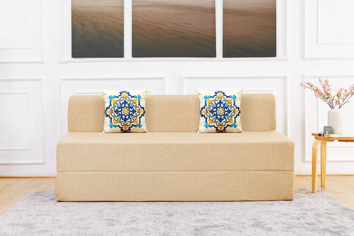 Jute Sofa Bed, Beige | 6 x 6.5, Three Seater | 2 Blue Medallion Cushions
