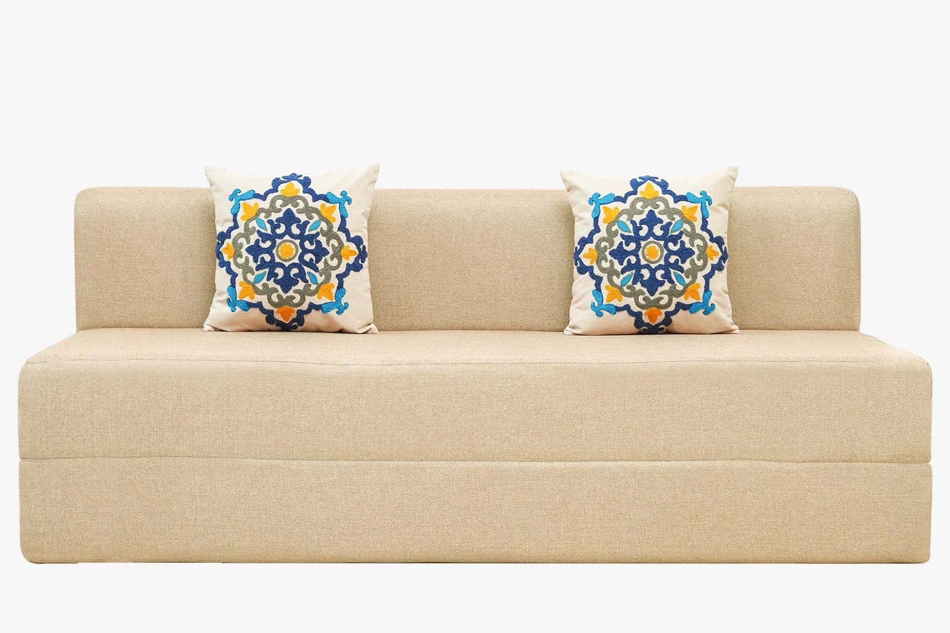 Jute Sofa Bed, Beige | 6 x 6.5, Three Seater | 2 Blue Medallion Cushions