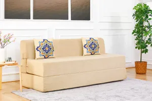 Jute Sofa Bed, Beige | 6 x 6.5, Three Seater | 2 Blue Medallion Cushions