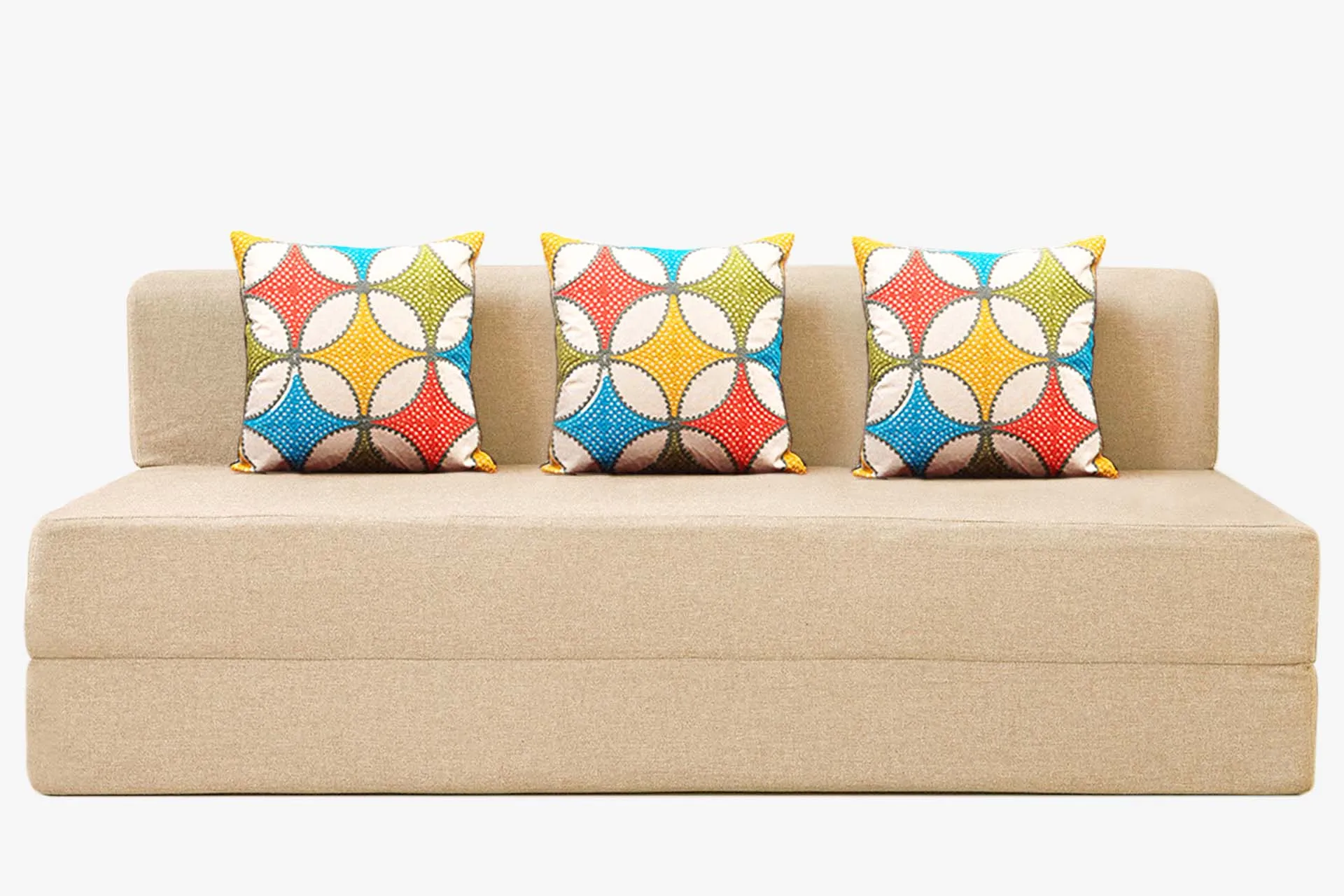 Jute Sofa Bed, Beige | 6.5 x 6, Three Seater | 3 Jharokha Cushions