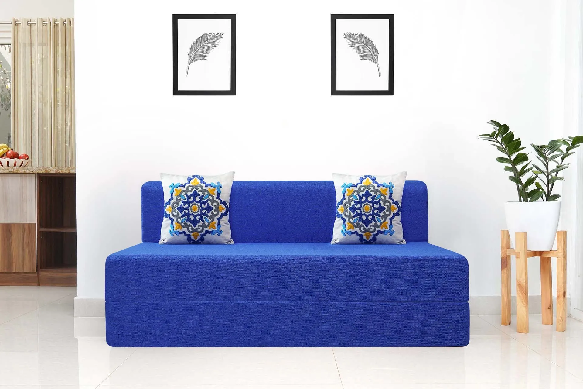 Jute Sofa Bed, Berry Blue | 5 x 6, Three Seater | 2 Blue Medallion Cushions