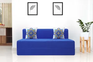 Jute Sofa Bed, Berry Blue | 6 x 6, Three Seater | 2 Blue Medallion Cushions