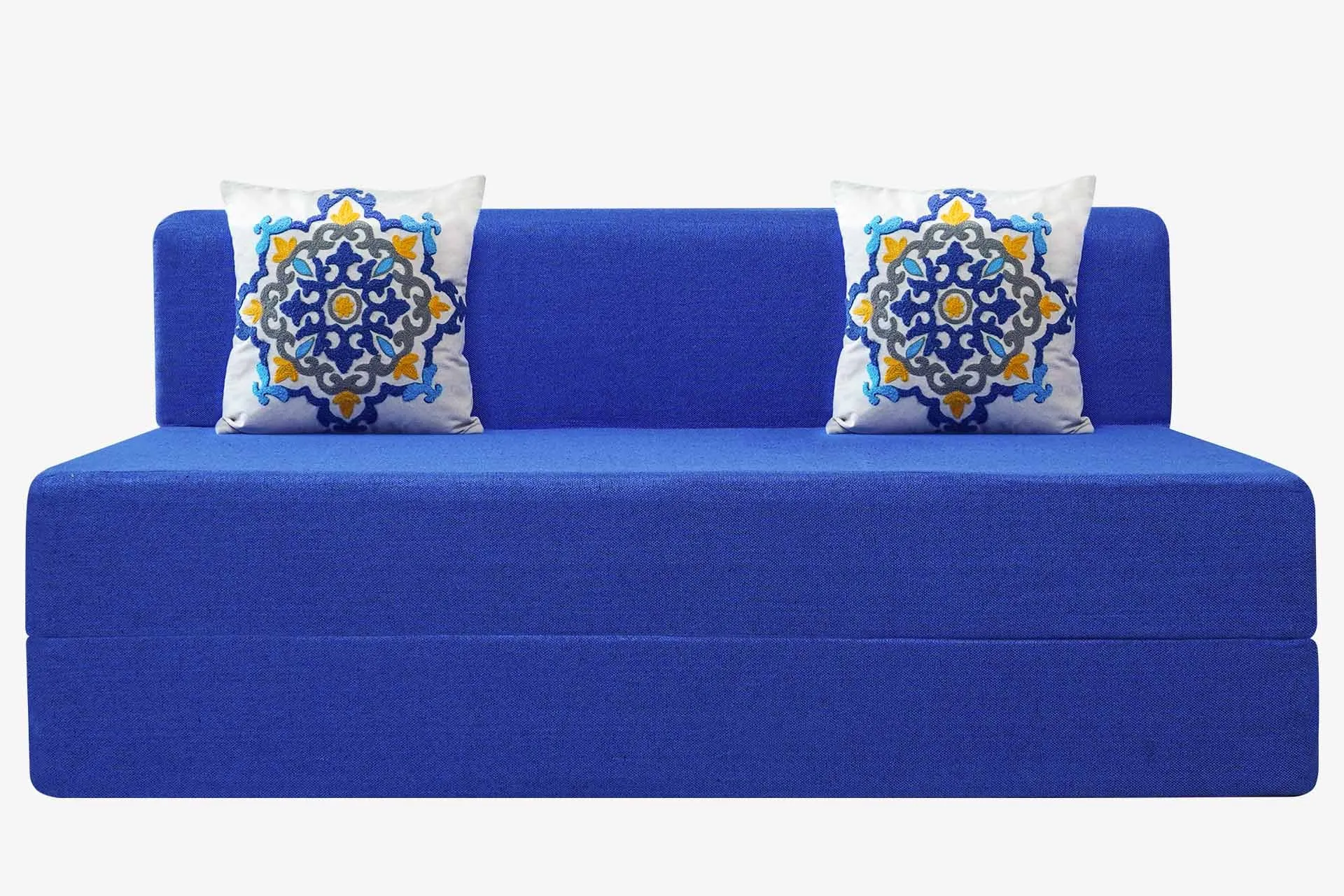 Jute Sofa Bed, Berry Blue | 6 x 6, Three Seater | 2 Blue Medallion Cushions