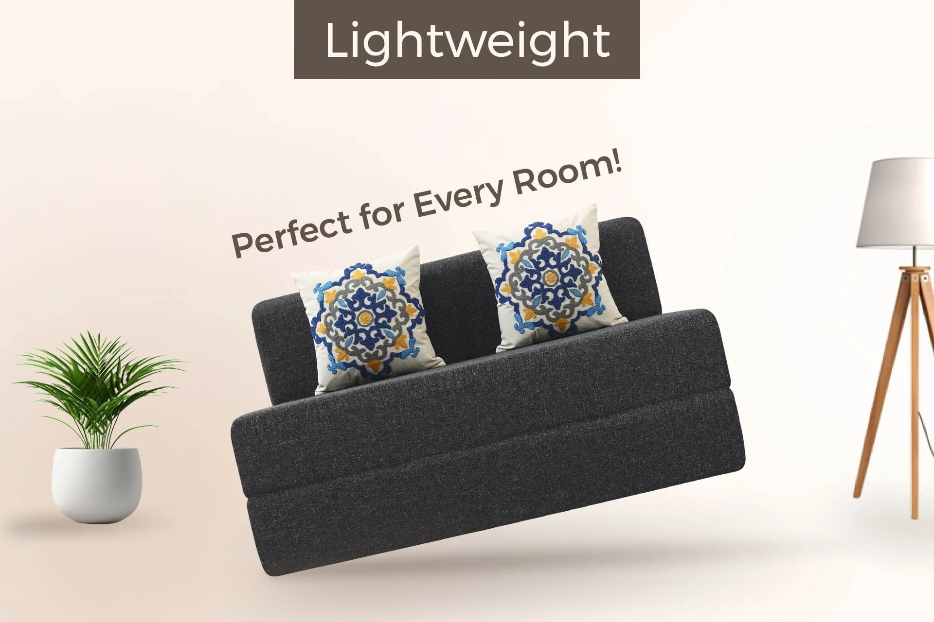 Jute Sofa Bed, Dark Grey | 4 x 6, Double Seater | 2 Blue Medallion Cushions