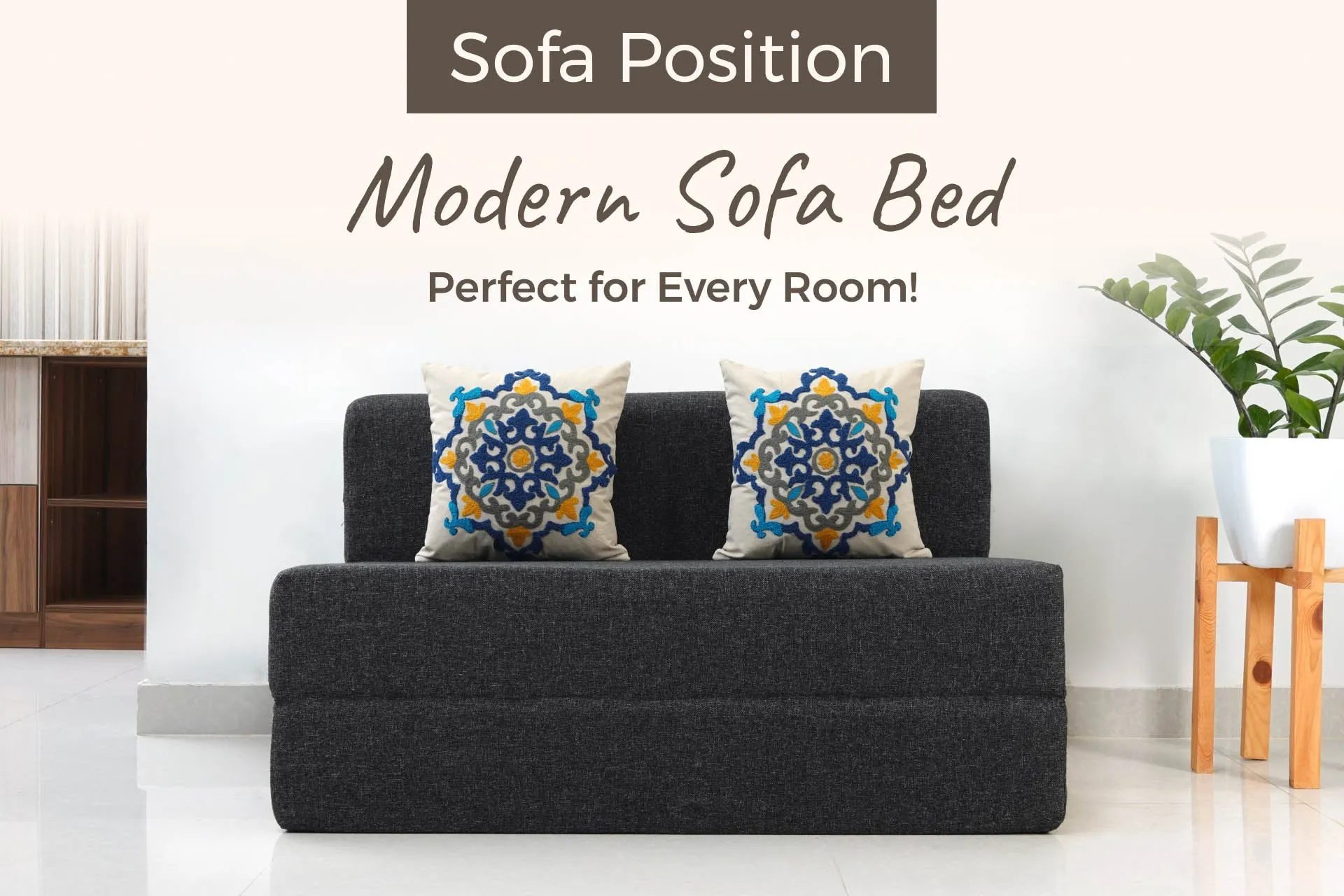 Jute Sofa Bed, Dark Grey | 4 x 6, Double Seater | 2 Blue Medallion Cushions