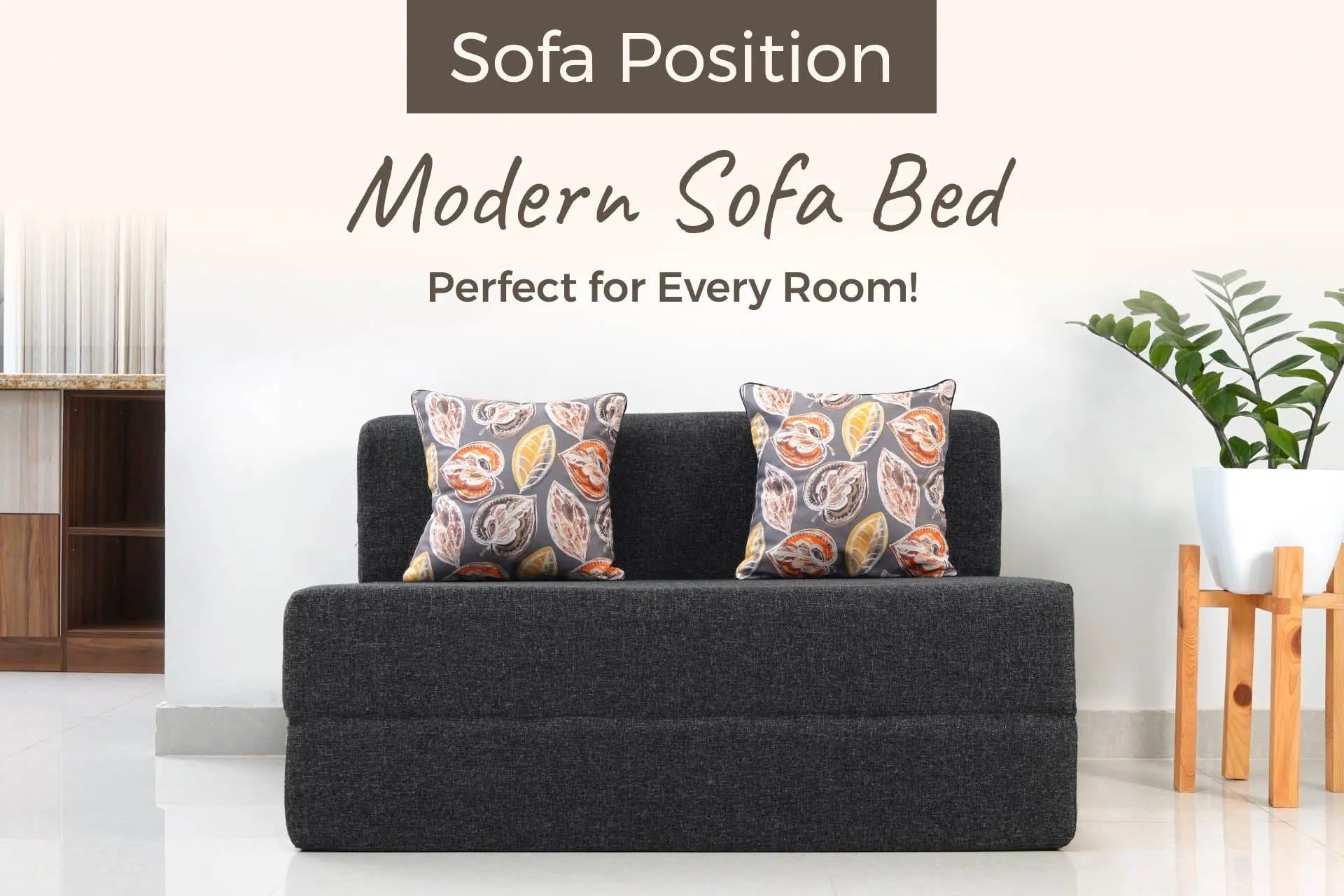 Jute Sofa Bed, Dark Grey | 4 x 6, Double Seater | 2 Fallen Leaves Cushions