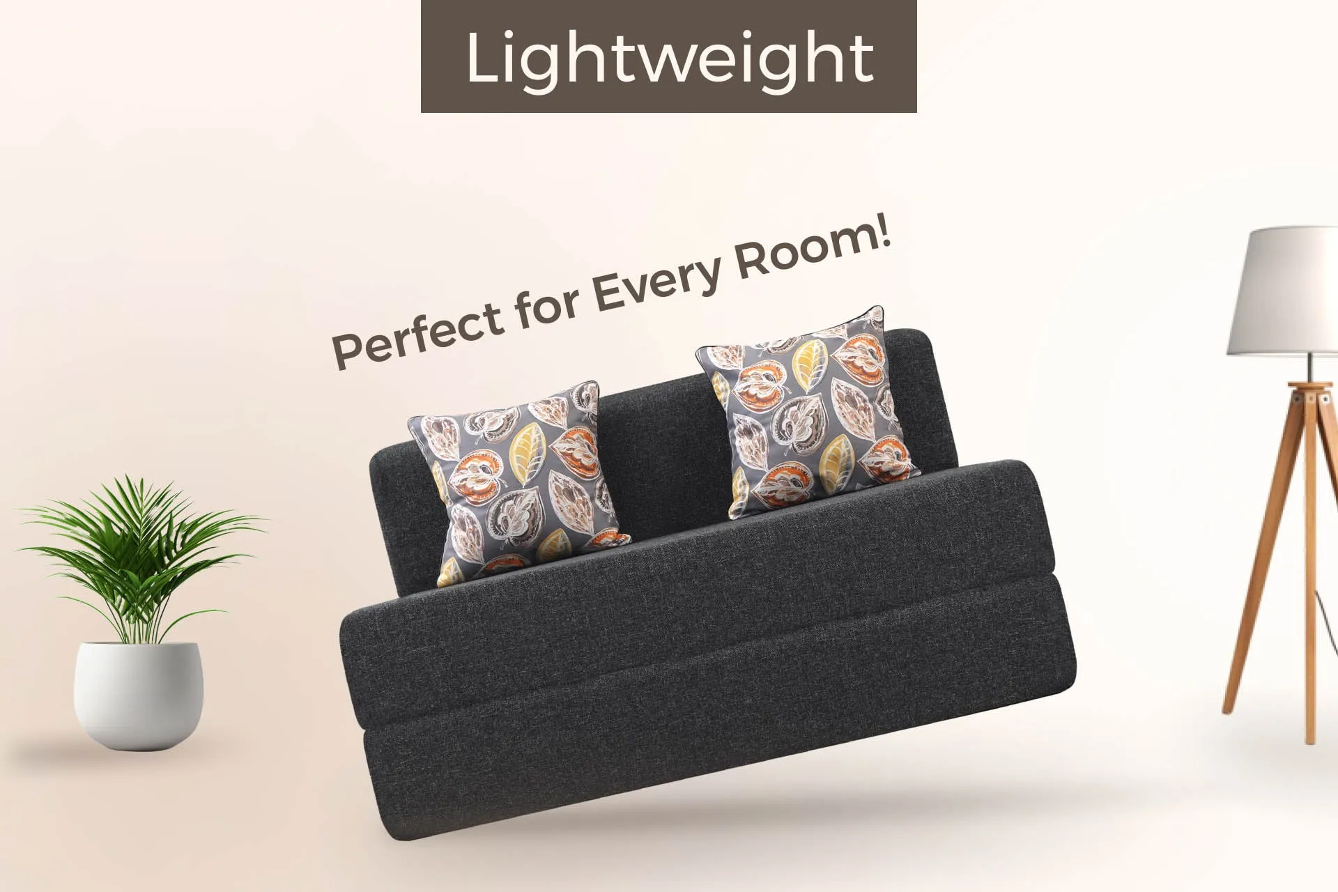 Jute Sofa Bed, Dark Grey | 4 x 6, Double Seater | 2 Fallen Leaves Cushions