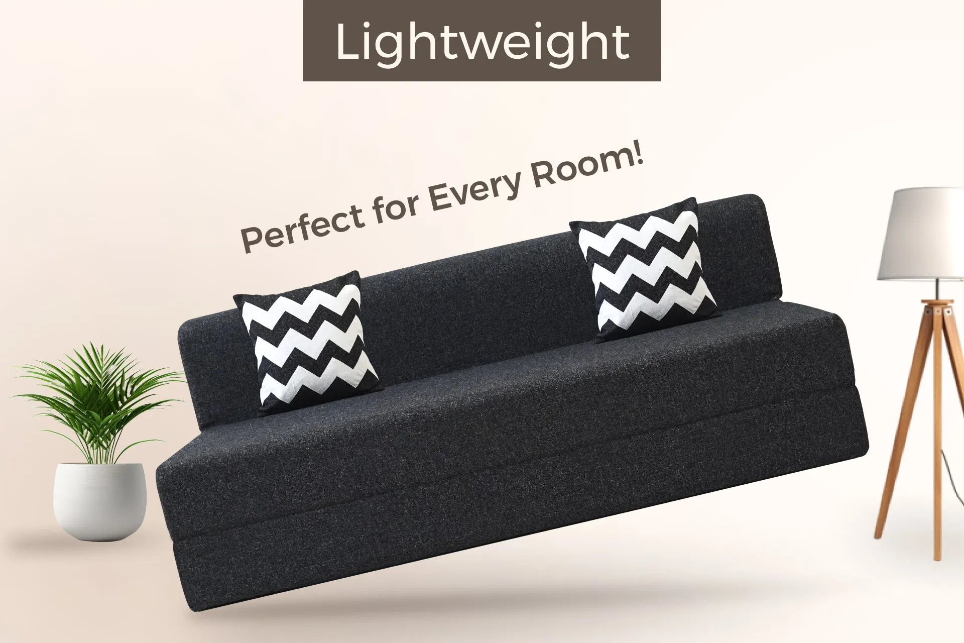 Jute Sofa Bed, Dark Grey | 5 x 6, Three Seater | 2 ZigZag Cushions