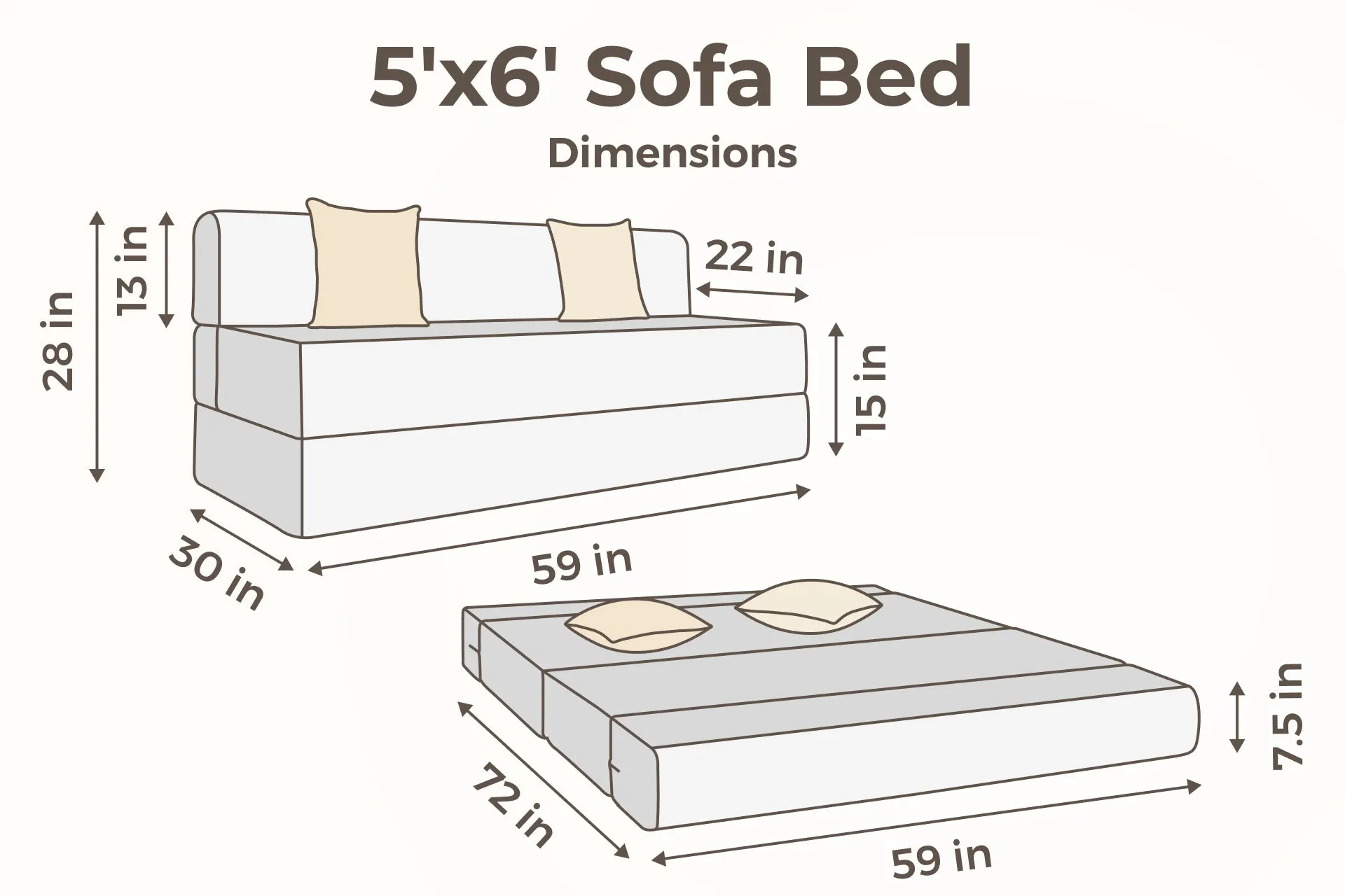 Jute Sofa Bed, Dark Grey | 5 x 6, Three Seater | 2 ZigZag Cushions