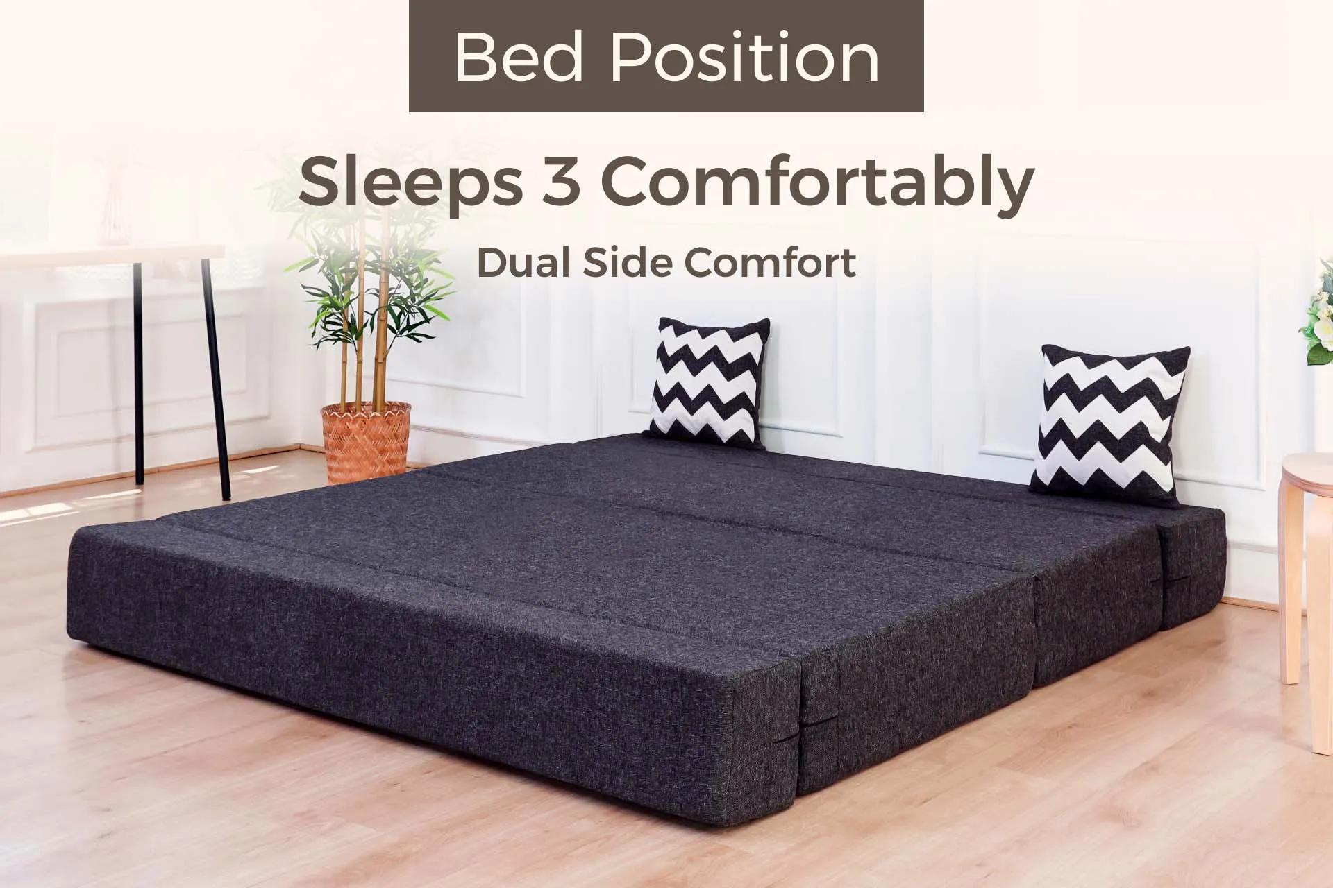 Jute Sofa Bed, Dark Grey | 6 x 6, Three Seater | 2 ZigZag Cushions
