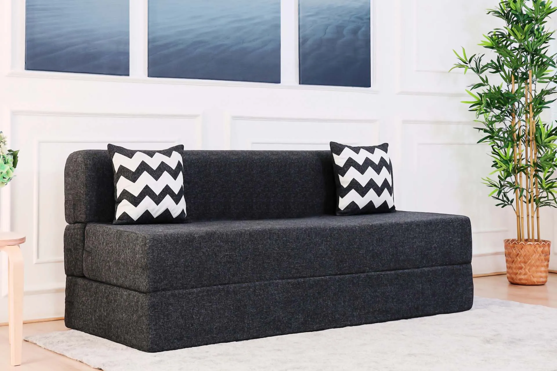 Jute Sofa Bed, Dark Grey | 6 x 6, Three Seater | 2 ZigZag Cushions
